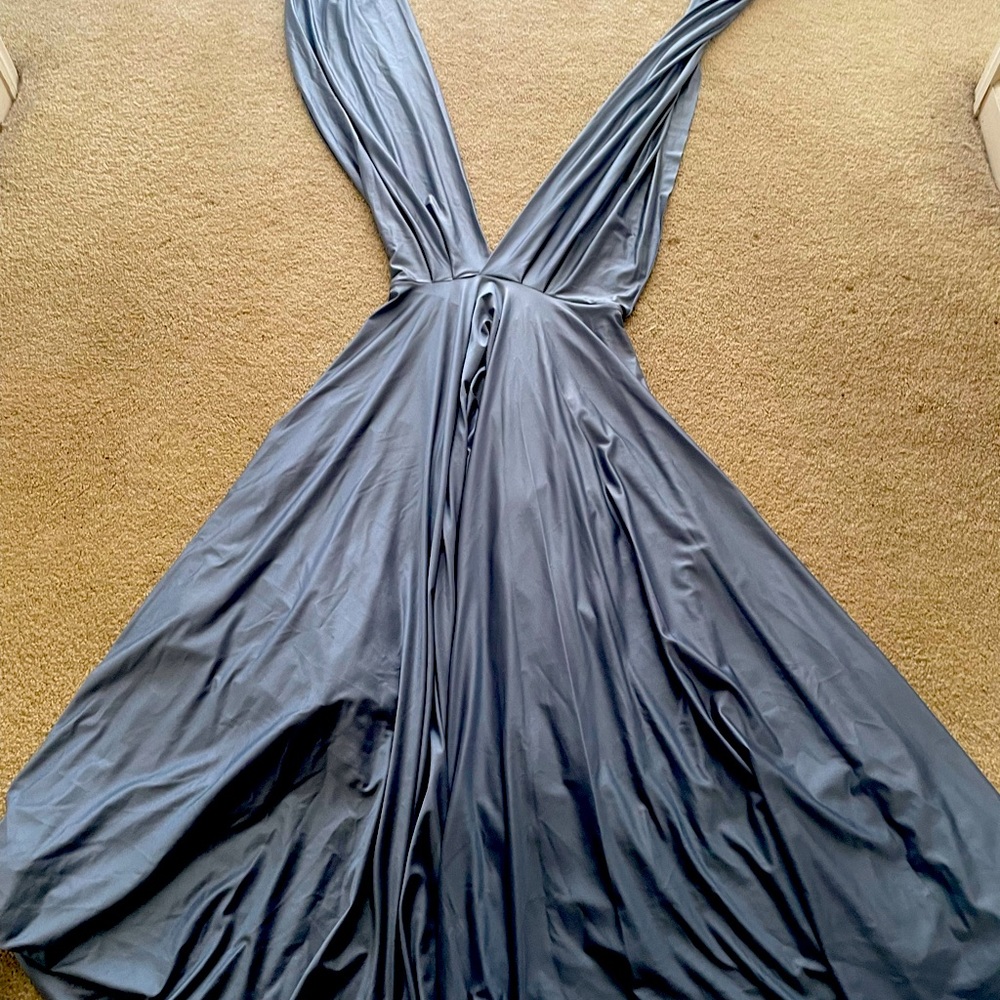 Grey to the knee dress with elaborate tie down the back